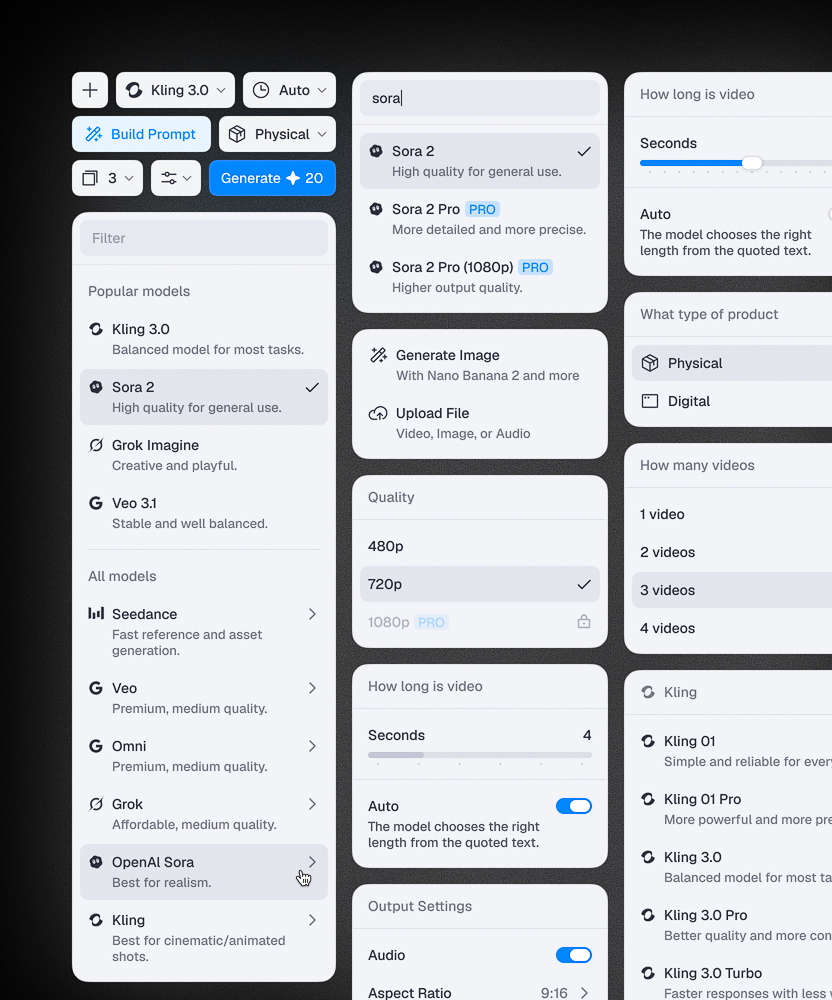 Interface patterns for first-time users: model picker with plain descriptions, quality and duration controls, product type and output count selectors