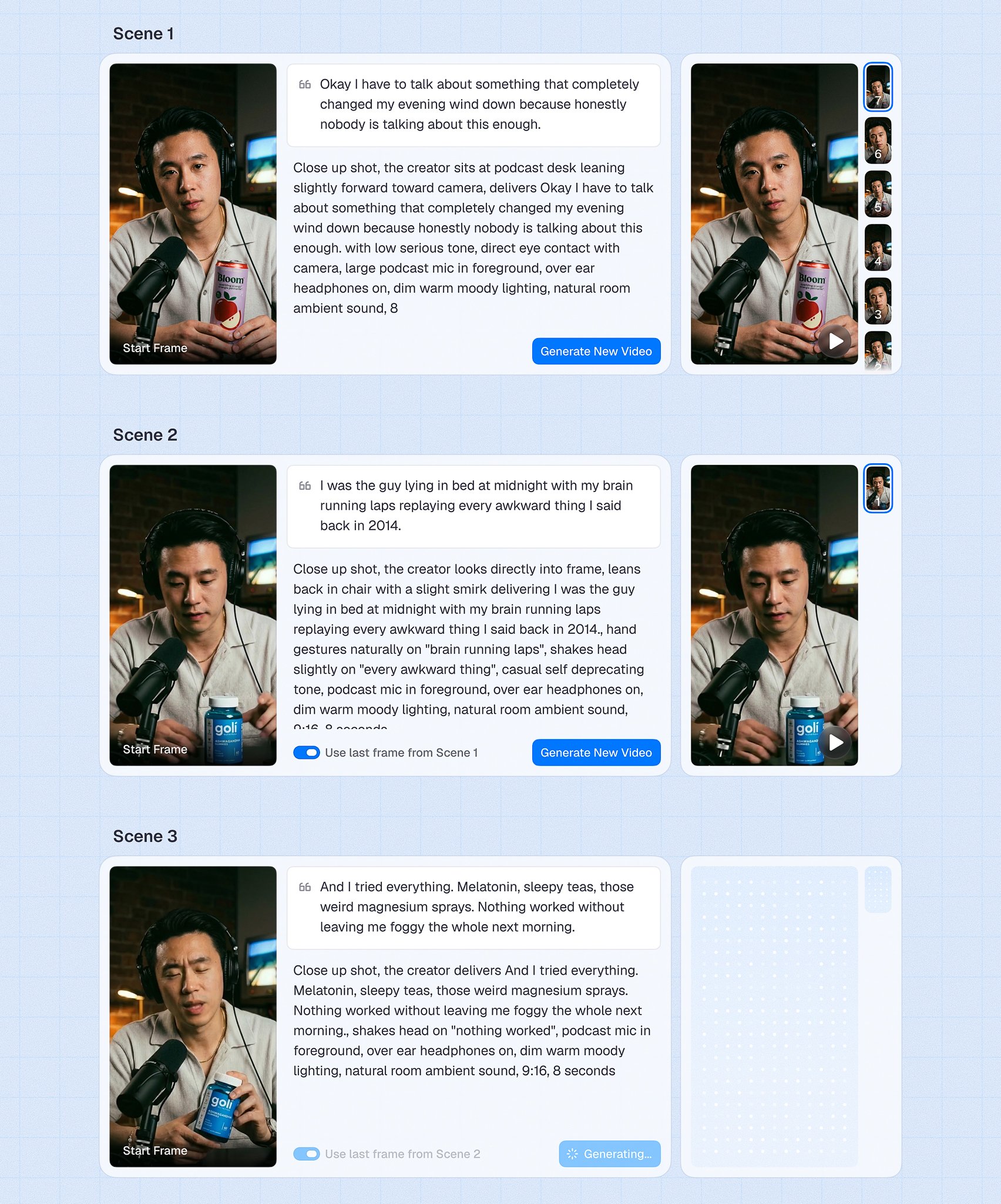 Scene builder showing three sequential scenes, each with a start frame, spoken line, generated prompt, and rendered video takes