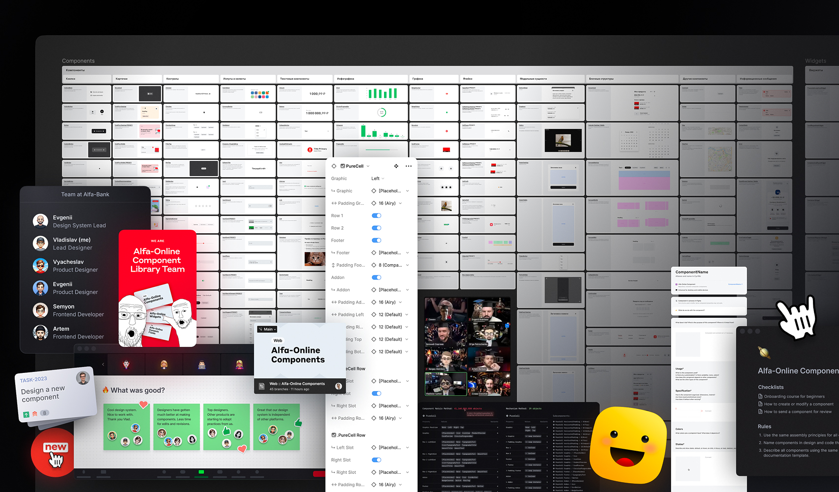 Alfa-Online design system: component library grid, component properties panel, documentation checklists, and the team behind it