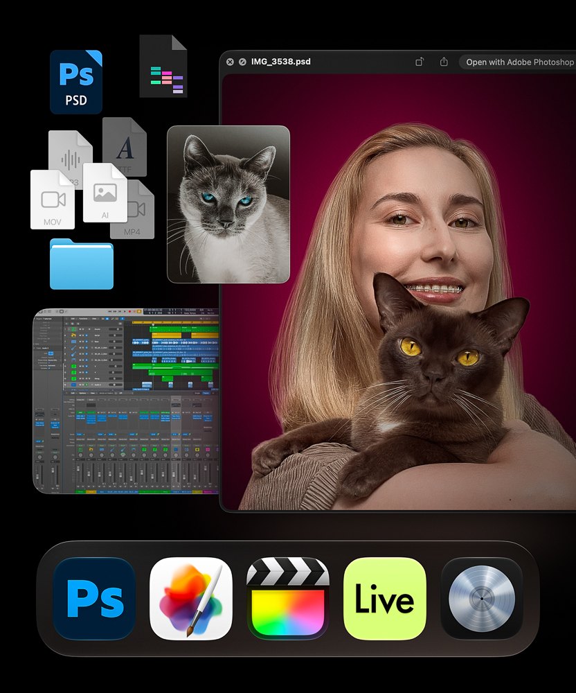 Collection of creative work and tools spanning photography, retouching, video, music, brand design, print, and packaging