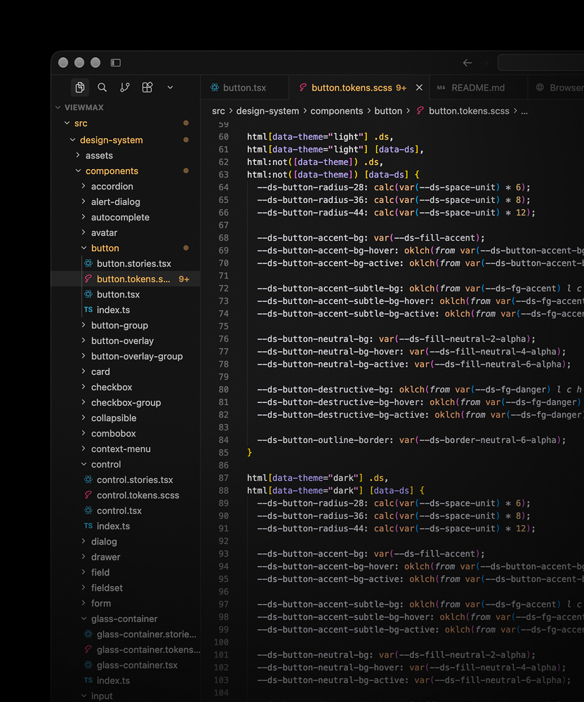 Code editor showing a design system repository with component folders and a SCSS token file defining theme values with OKLCH functions
