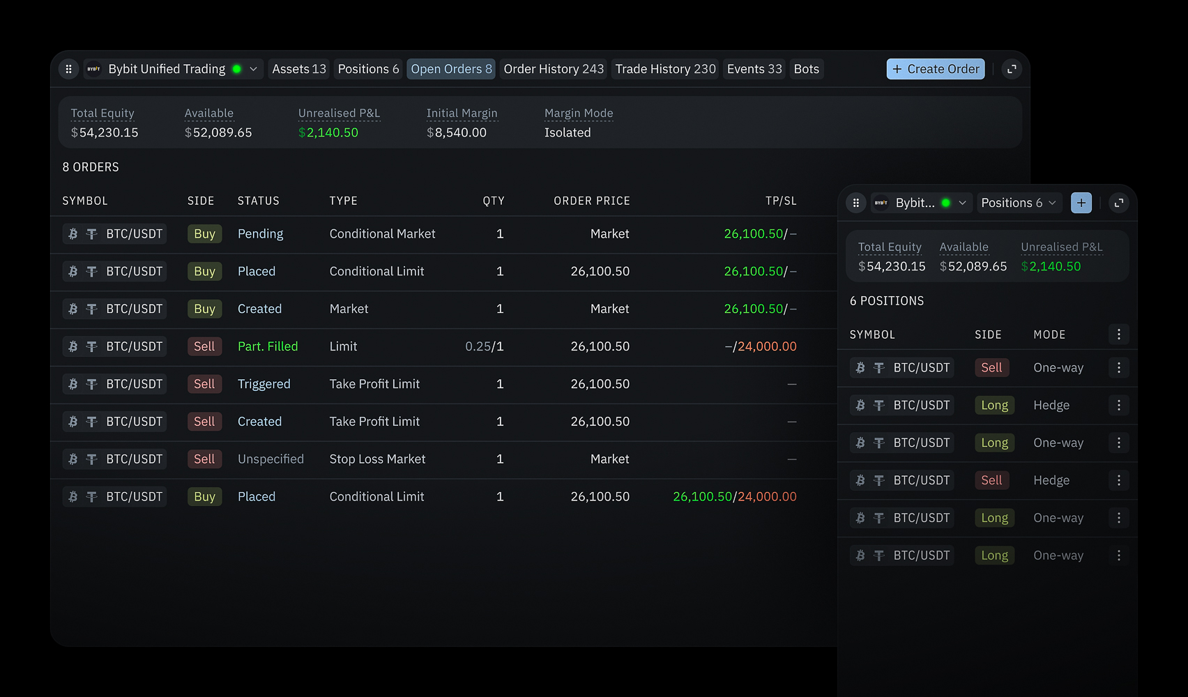 Live trading account widget with tabs for assets, positions, open orders, order history, trade history, events, and bots, showing an equity summary and an orders table