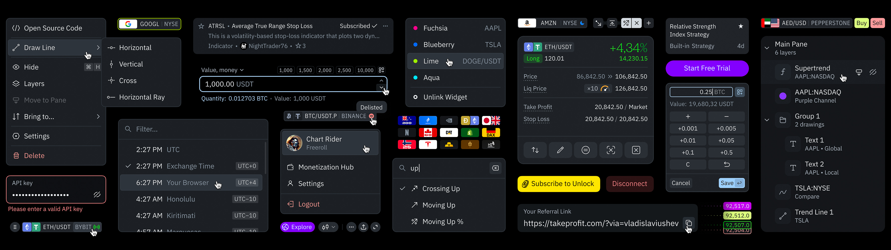A collage of trading platform UI components: context menus, ticker selectors, numeric steppers, timezone lists, alert conditions, and layer panels